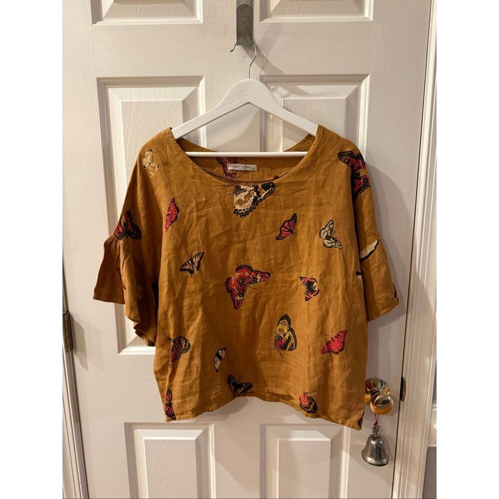 Viola Borghi Italy Brown Butterfly Print Linen Flutter Sleeve Top Blouse sz M EU